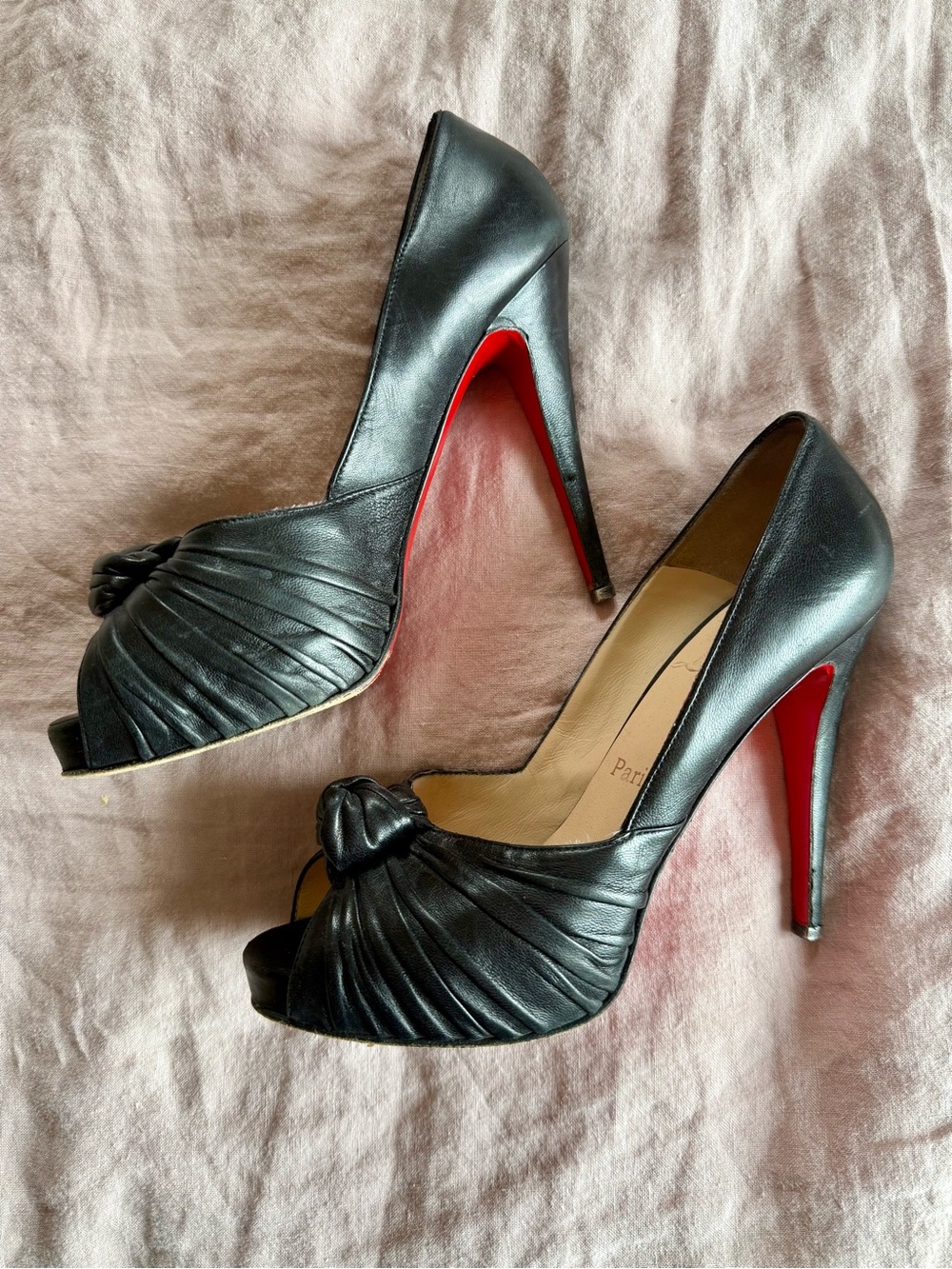 Christian Louboutin Black Leather Peep-Toe Knot Pumps with Red Sole